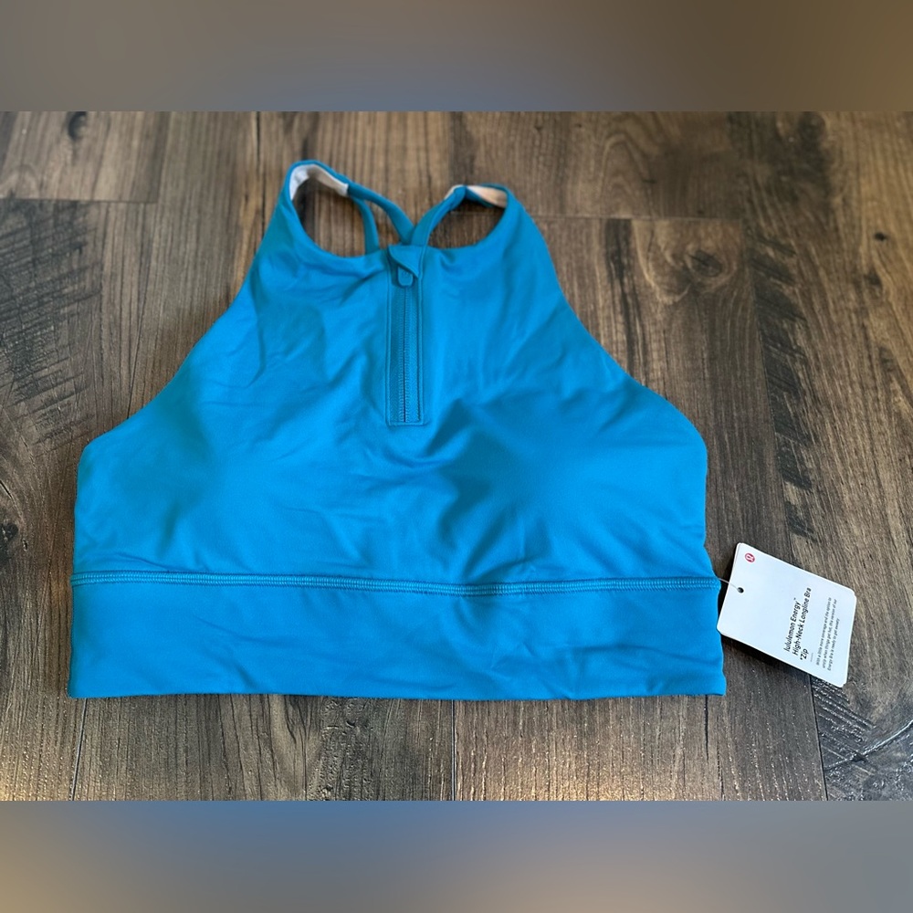 NEW LULULEMON Sports Bra Women's ENERGY High-Neck Longline Zip, Blue, Size: 8